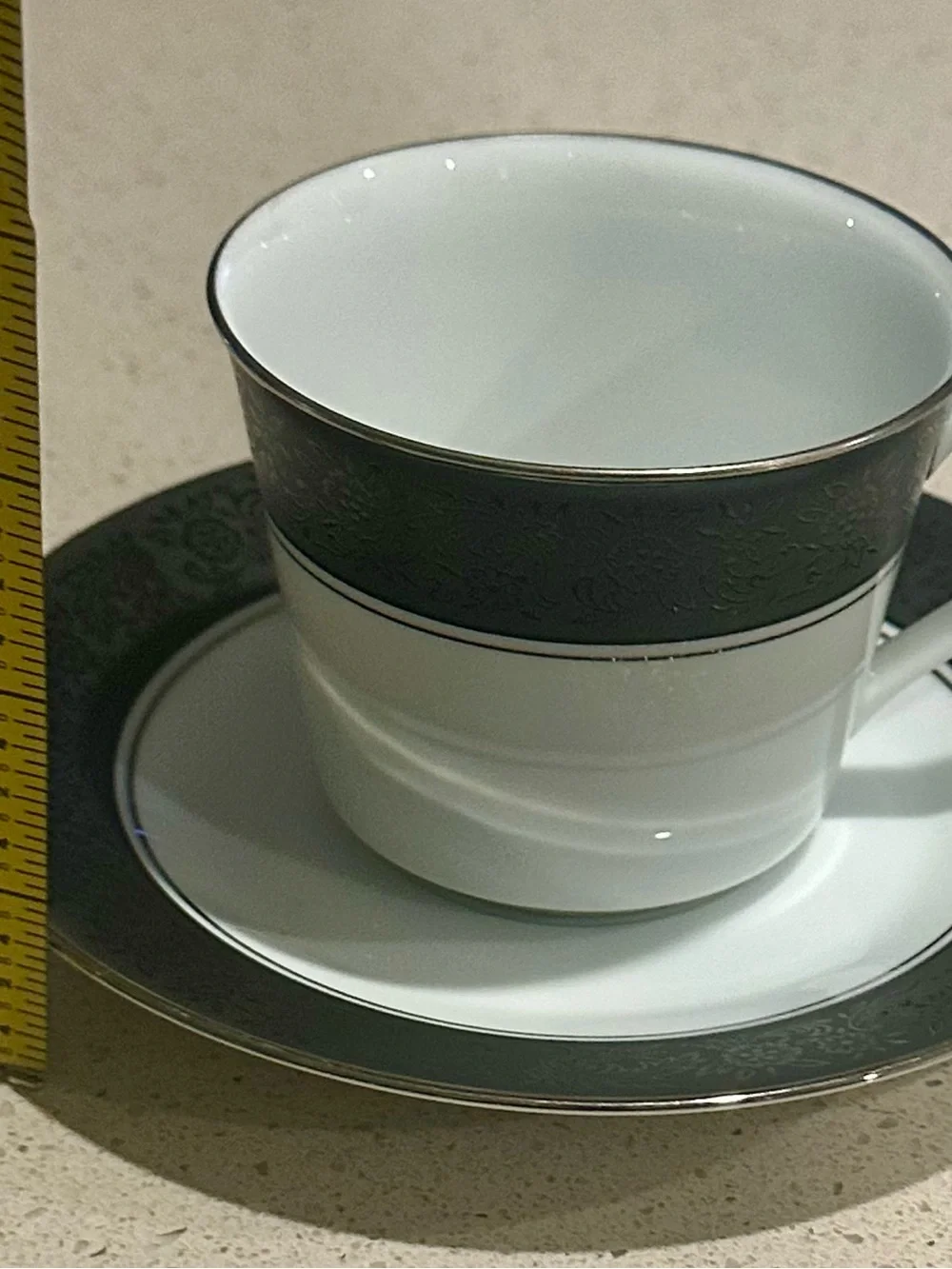 Noritake White Porcelain Teacup and Saucer Silver Trim